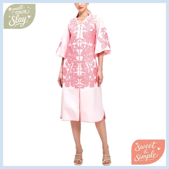 Dresses & Skirts - Floral Embroidery Midi Dress V-Neck 3/4 Sleeves Cotton Casual Tunic with Pockets